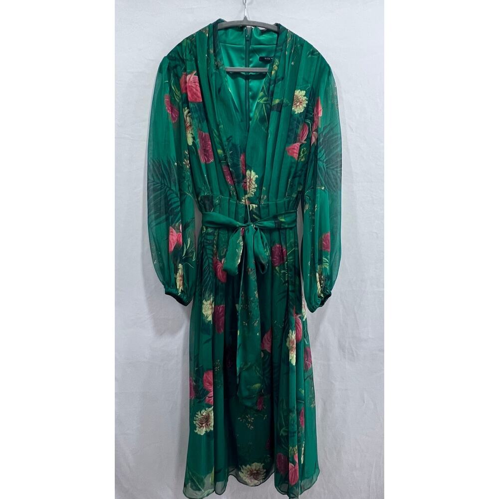 Alex Marie Green Floral Midi Dress with Pink & Cream Accents